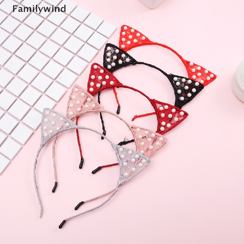 Băng Đô Cài Tóc Hình Tai Mèo Bằng Ren Ruy Băng Thắt Nơ Màu Trơn Dễ Thương Cho Nữ