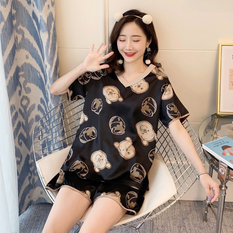 Bộ đồ ngủ Pijama ngắn tay cổ chữ V họa tiết hoạt hình thời trang nữ dễ thương