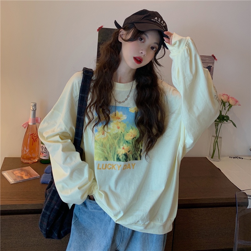 SUXI Áo Thun Sweater Thể Thao Tay Dài Cổ Tròn Dáng Rộng In Họa Tiết Thời Trang Mùa Thu