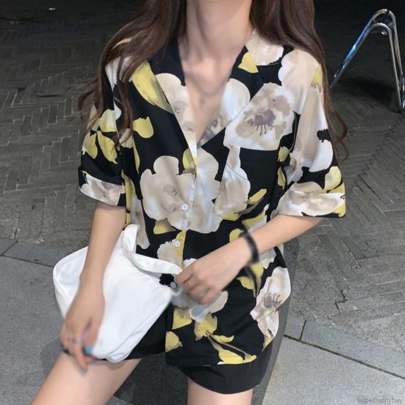 Áo Kiểu Chất Chiffon Hoạ Tiết Hoa Thiết Kế Dáng Rộng Cho Nữ