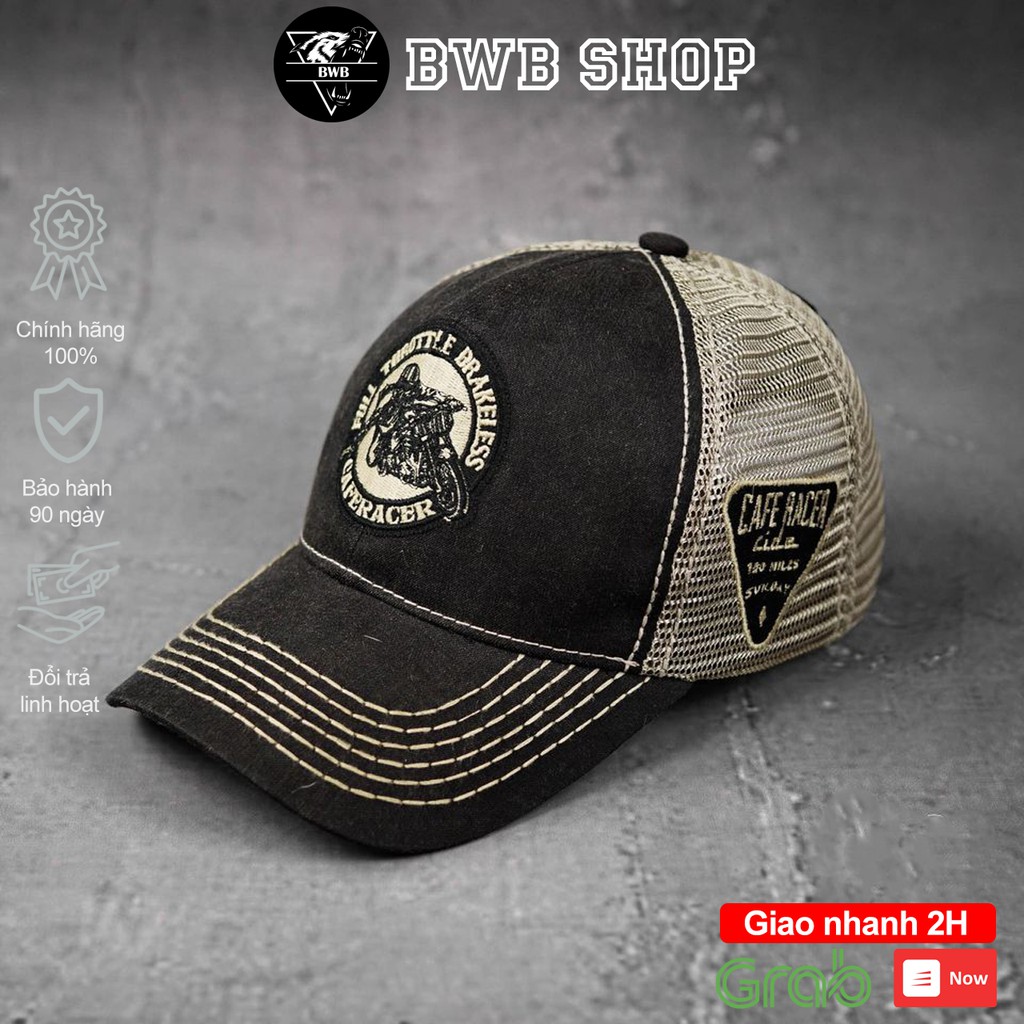 Mũ lưỡi trai phong cách vintage BWB Shop chính hãng Cafe Racer Trucker Cap, chất liệu Denim Wash phối lưới cao cấp