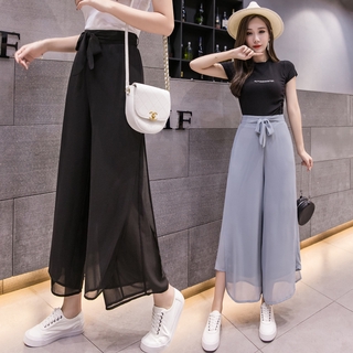 Voan Chia Mắt Cá Chân Quần Dài Quần Ống Rộng Quần Ống Rộng Mùa Hè Eo Cao Drap Mỏng Thường Ngày Rời Kích Thước Lớn Culottes Nữ