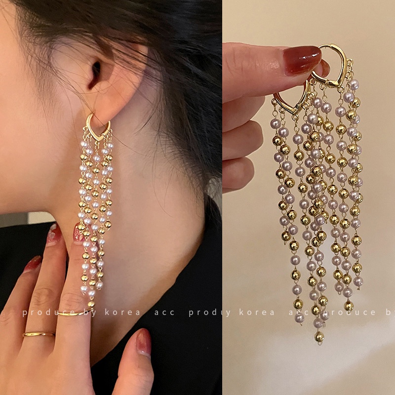 Bông Tai Tua Rua Dài Đính Ngọc Trai Thời Trang Cho Nữ