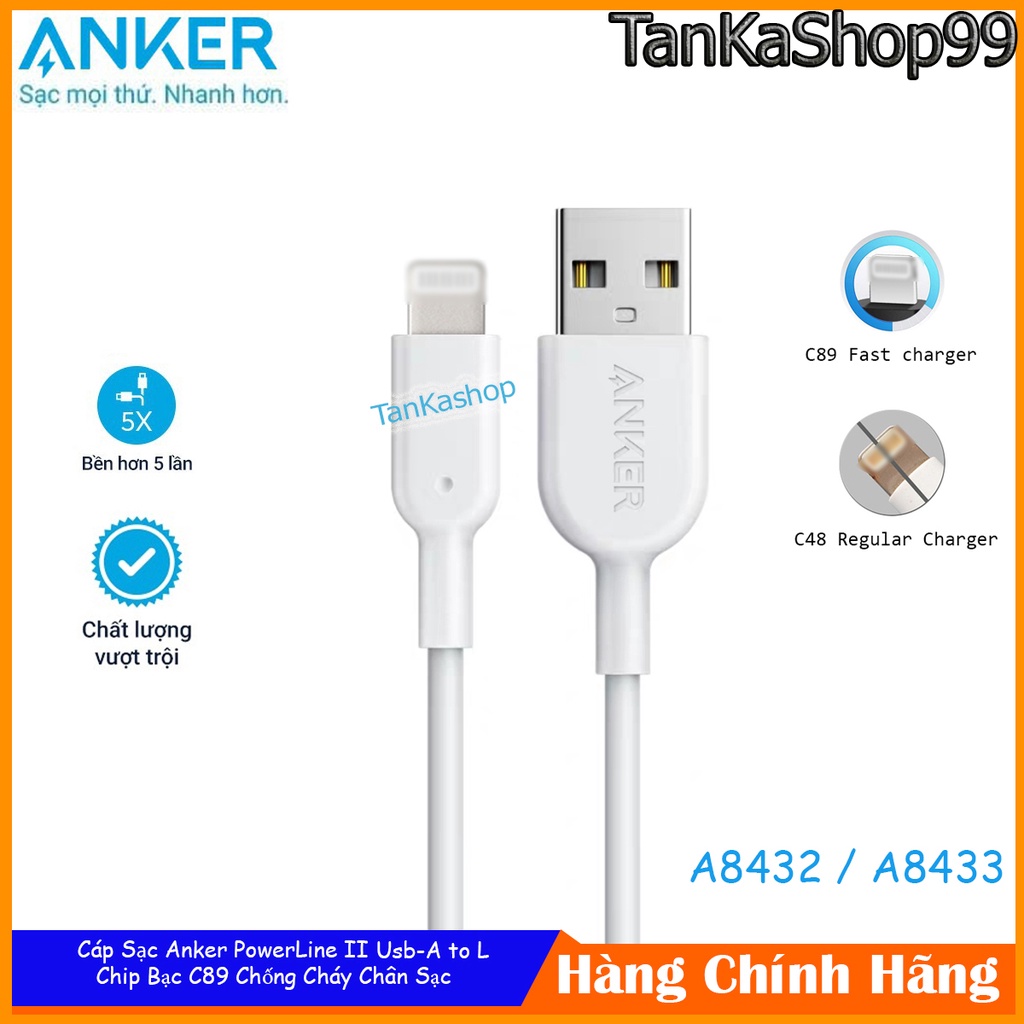 Cáp Sạc Anker PowerLine II ,ChIPC89 Sạc Cho IP,A8432/A8433
