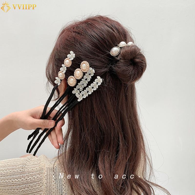 Dây buộc tóc đính hạt ngọc trai và hoa bằng vỏ sò nhân tạo thời trang Hàn Quốc