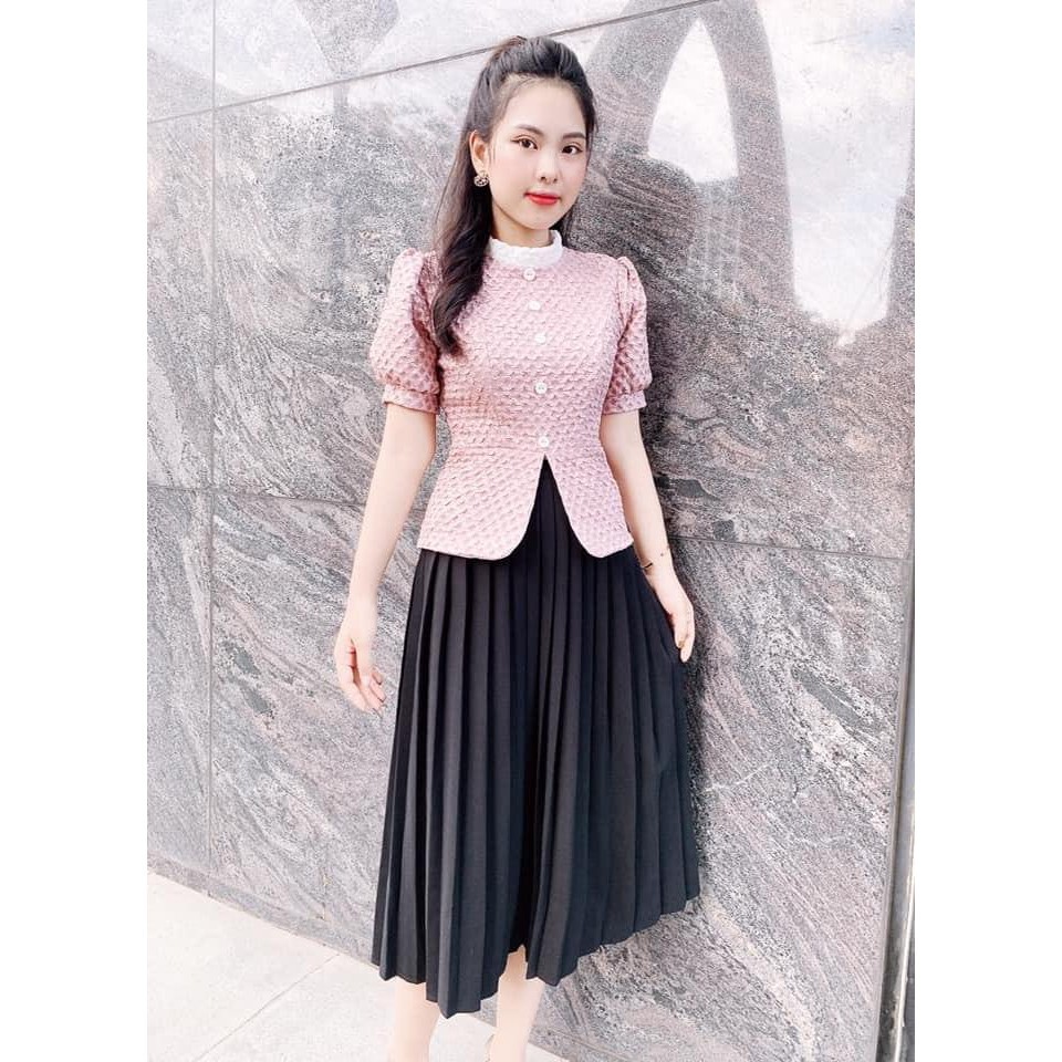 [FREESHIP] Chân váy midi cao cấp kết hợp áo dạ nhật hồng  nhẹ nhàng S1645-Sarahshop.design [ảnh thật]