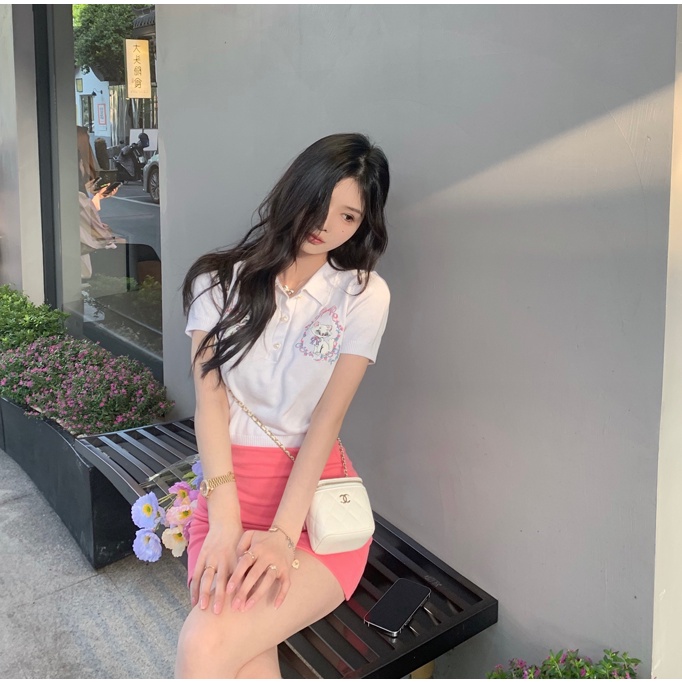 Áo Thun POLO Dệt Kim Tay Ngắn Thêu Hình Mèo 【ZHELIHANGFEI】 Dễ Phối Đồ