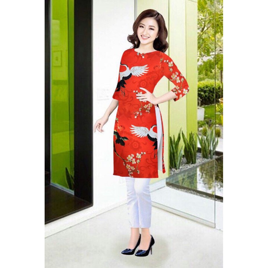 Quynhphuong1417 - Áo dài cách tân hạc đỏ lụa