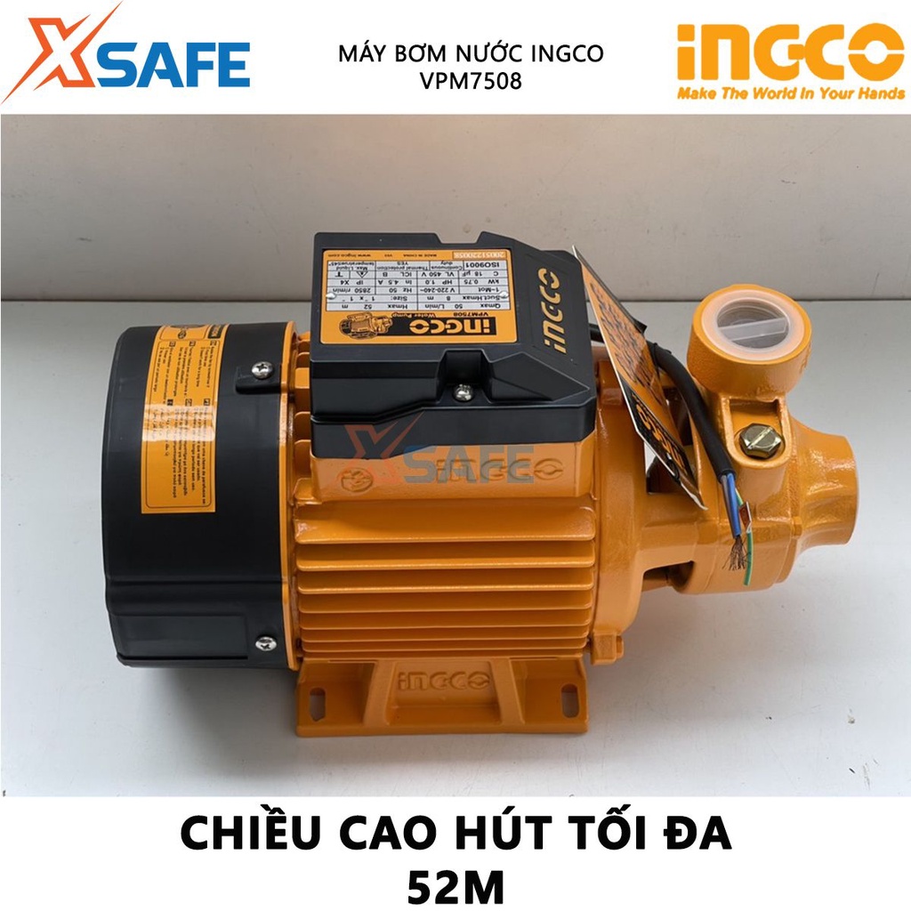 Máy bơm nước INGCO VPM7508 Máy bơm tăng áp 750W(1HP), chiều cao bơm tối đa 52m, độ hút sâu 8m, mô tơ dây đồng - [XSAFE]