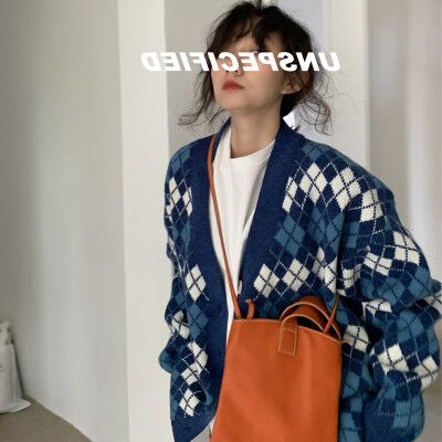 Áo khoác cardigan dệt kim cổ chữ V tay dài dáng rộng họa tiết kẻ sọc caro thời trang phong cách retro 2021