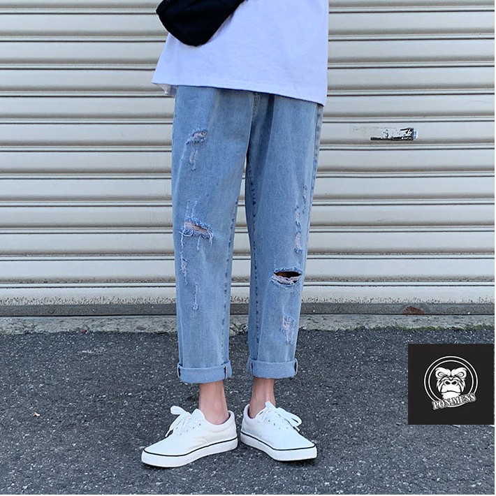 Quần jean baggy nam nữ ống rộng rách màu xanh 242