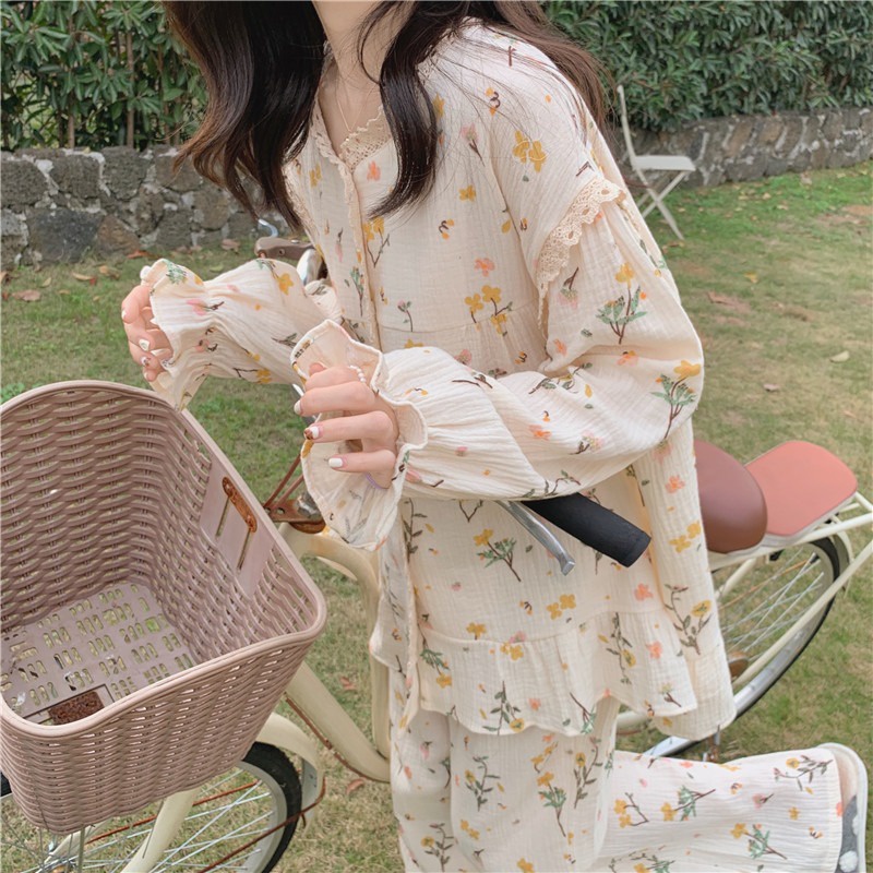Bộ Đồ Ngủ Pijama Dài Tay Cổ Tròn In Họa Tiết Hoa Kiểu Nhật Bản Thời Trang Xuân Thu Cho Nữ DN042 Con Đỏng Đảnh