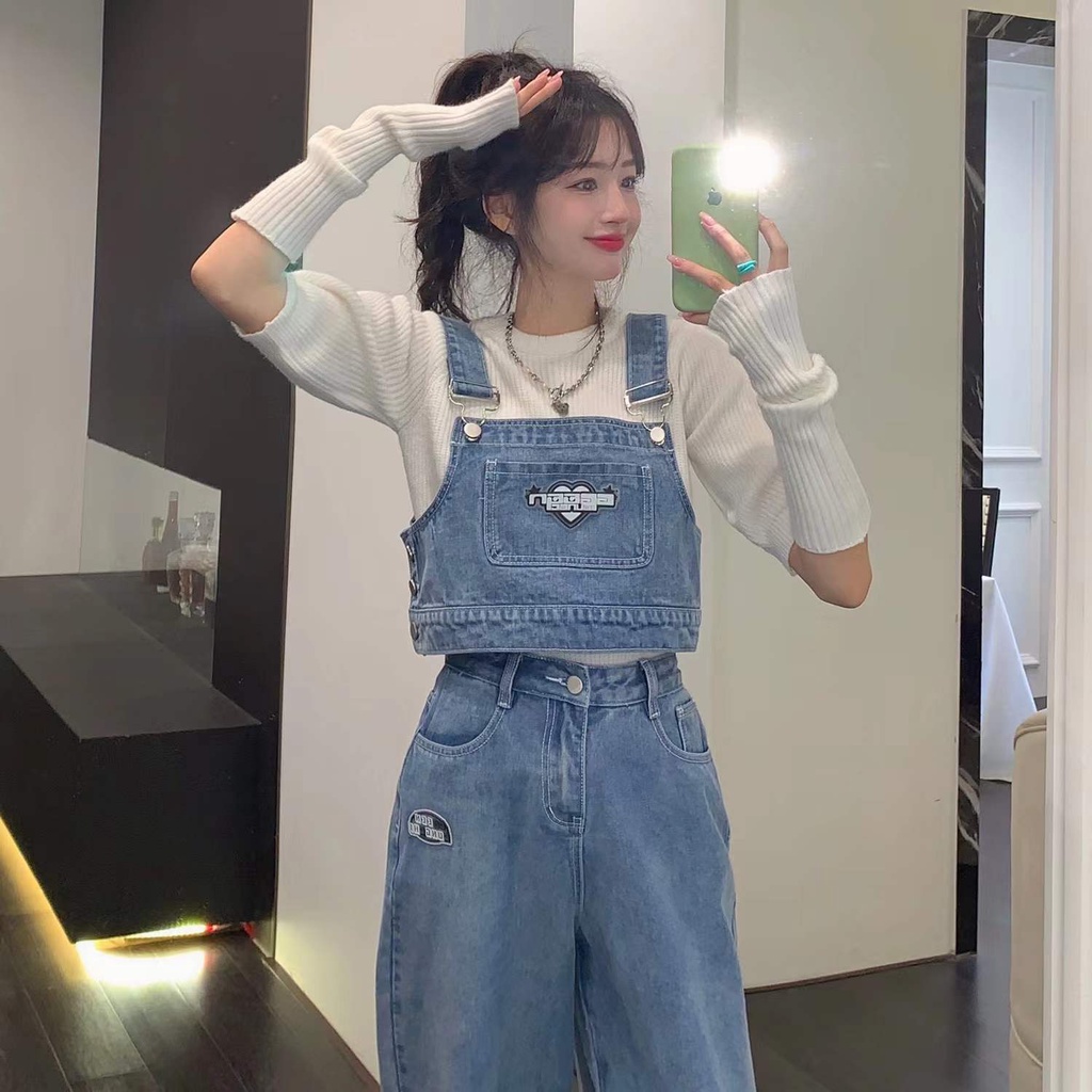 Bộ Trang Phục Hai Mảnh Gồm Áo Sơ Mi Denim Và Quần Yếm Dáng Rộng Phong Cách Retro Mỹ Dành Cho Nữ