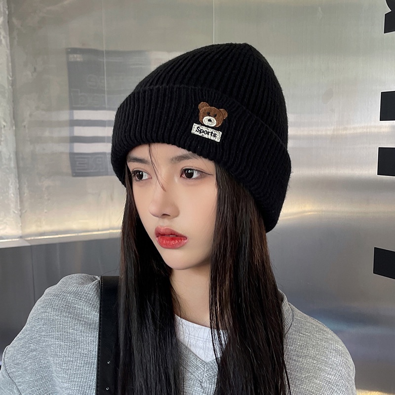 Mũ len dệt kim thêu họa tiết gấu hoạt hình thời trang cho nữ