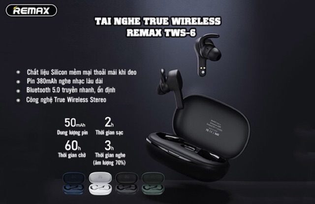 Tai nghe remax tws-6 cảm ứng bluetooth 5.0- tai nghe chính hãng cho âm thanh hay kiểu dáng tai nghe thể thao