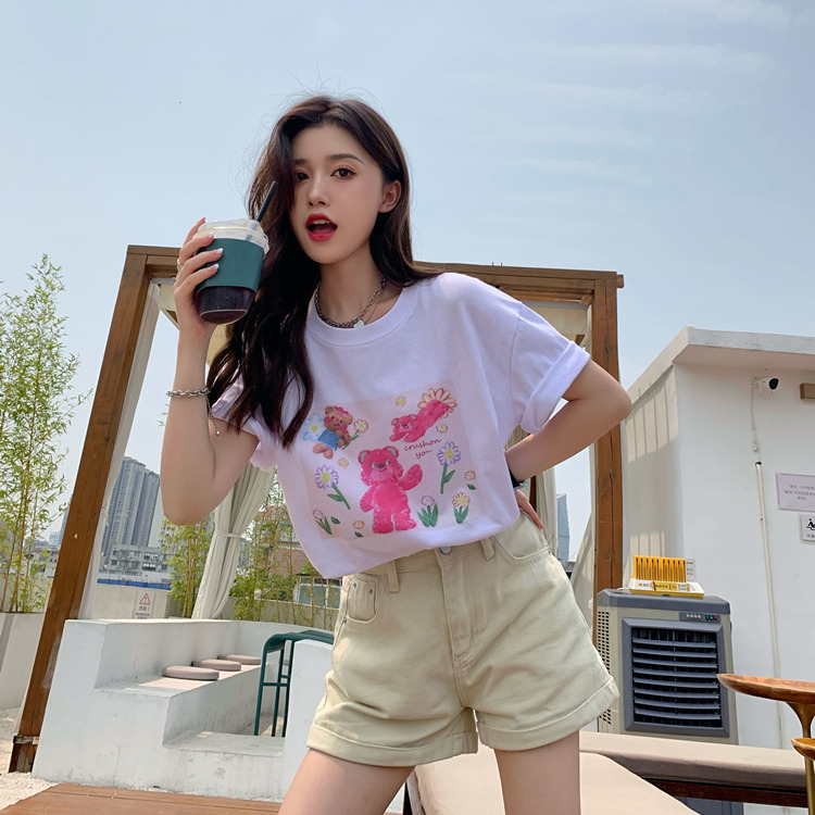 New Bear Print Shirt Top Looks Thin Popular Short Women's Crop Top White Short Sleeve Women's T-shirt