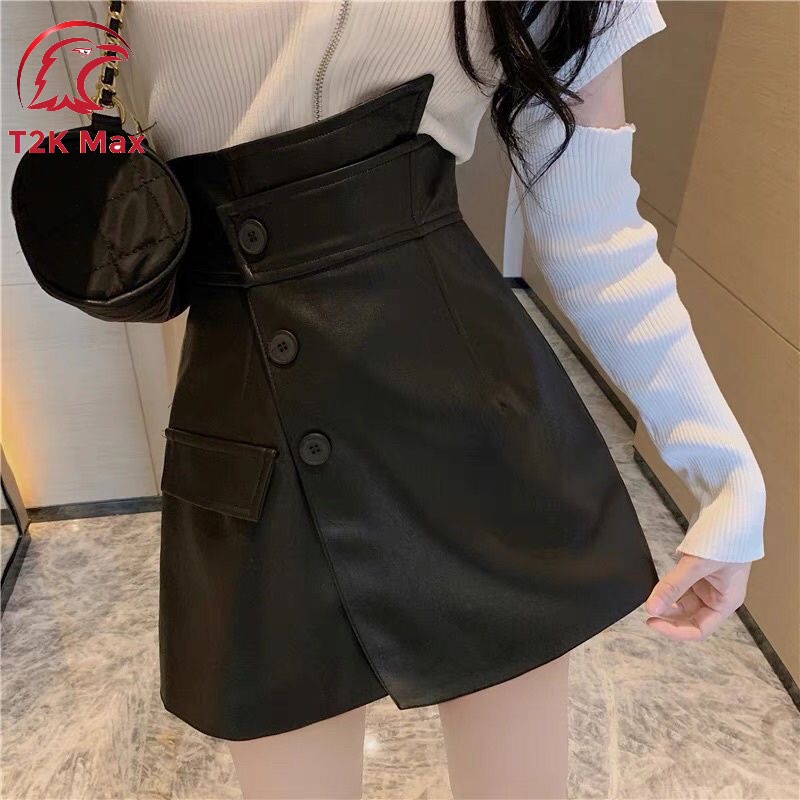 Quần giả váy da thiết kế 3 khuy vạt lệch cá tính - Quần short da bong nữ cạp cao vạt chéo - T2K Max | BigBuy360 - bigbuy360.vn