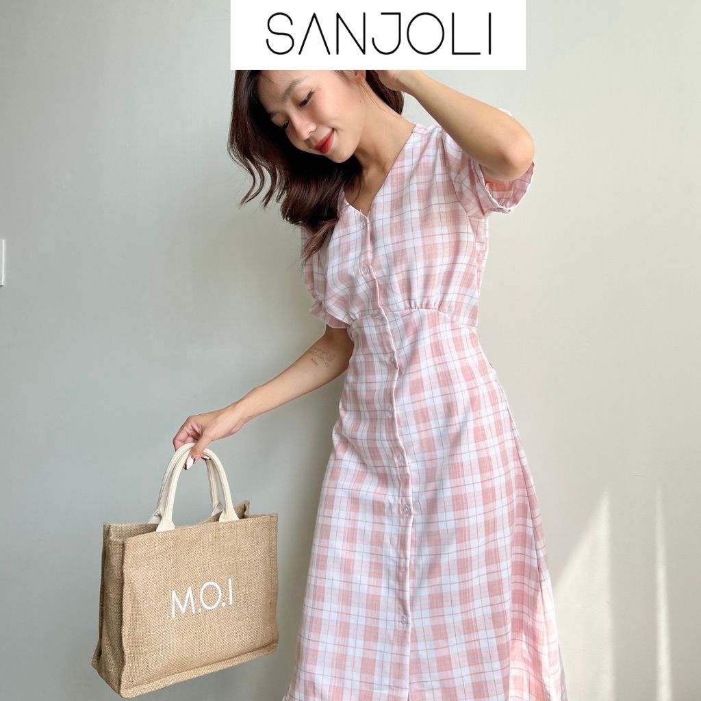 Đầm Tiểu Thư Caro SANJOLI Váy Công Sở Cao Cấp Thiết Kế Suông Kiểu BabyDoll Hàn Quốc Đi Dự Tiệc Cưới, Đi Chơi Xanh VD046