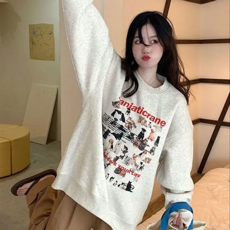 Áo sweater COZOK tay dài cổ tròn dáng rộng in họa tiết hoạt hình dễ thương