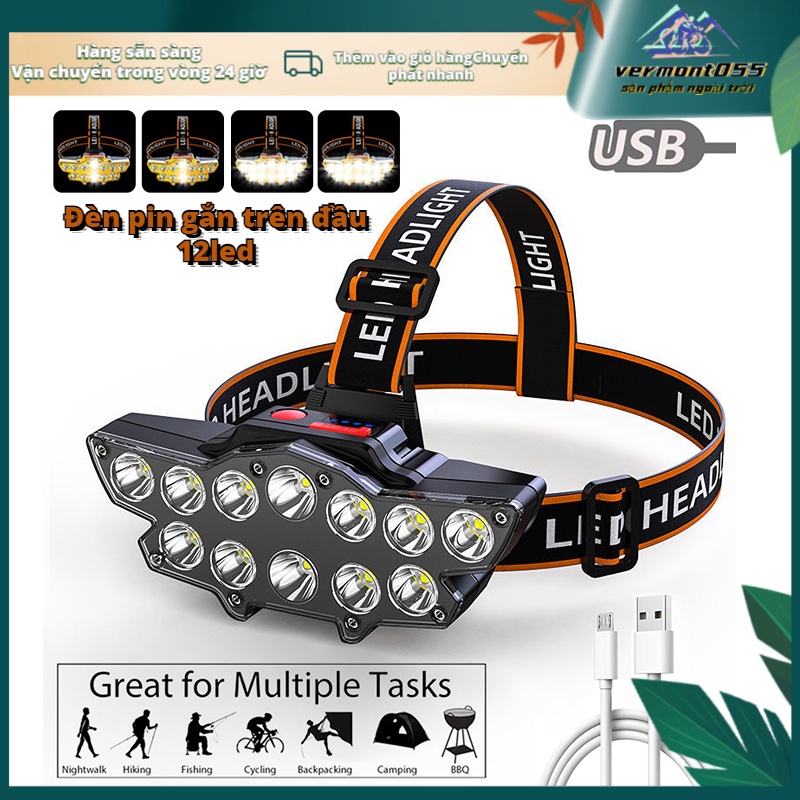 Có thể bán buôn Đèn Pin Đội Đầu 12 Bóng LED Sạc USB Chống Thấm Nước Dành Cho Đi Câu Cá/Đi Bộ Đường Dài/Câu Cá vermont055 Hàng giao ngay