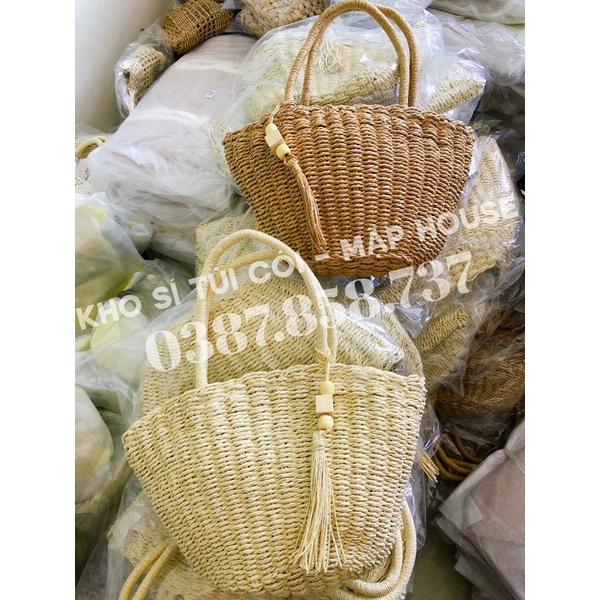 Túi cói Xô Bucket - quai xách và dây đeo -phụ kiện hột gỗ tua rua