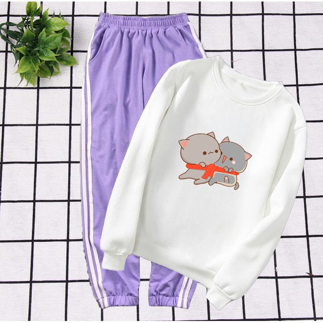 Set Bộ Đồ Quần Áo Nỉ Nữ Thu Đông Áo Dài Tay Vải Mềm Mịn In Mèo Ôm Nhau Kèm Quần Thun Kẻ Sọc Mặc Đi chơi Mặc Đi Học