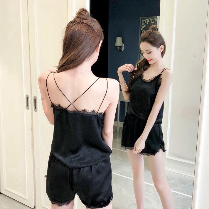 Bộ đồ ngủ lụa 2 dây mặc nhà mùa hè satin kim tuyến viền ren gợi cảm Hisexy DOLLYSECRET V07 | BigBuy360 - bigbuy360.vn