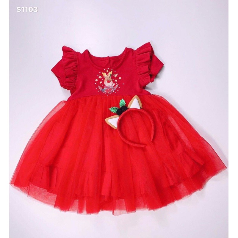 Váy đỏ hươu tuần lộc tay cánh tiên cho bé gái ( tặng kèm bờm )