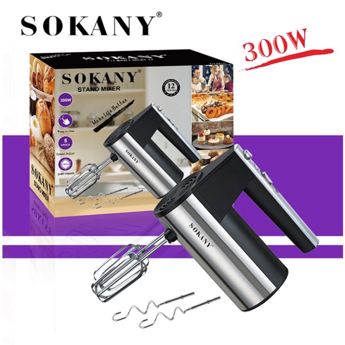 Máy Đánh Trứng Cầm Tay 5 Cấp Độ SOKANY 300W Kèm 4 Que Trộn INOX Làm Bánh Bông Lan Tại Nhà