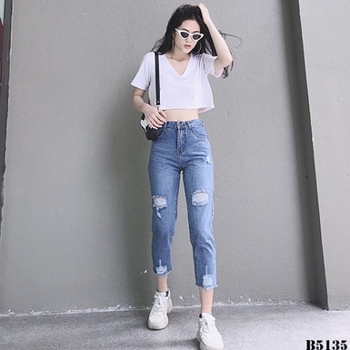 [Big Sale] Quần Jean Nữ Baggy Rách Gối, tôn dáng, chất liệu dày dặn, phong cách năng động cá tính, Hàng Cao Cấp B5135