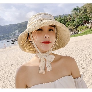 Mũ cói mềm kèm dây ren thắt nơ_Nón cói đi biển chụp hình