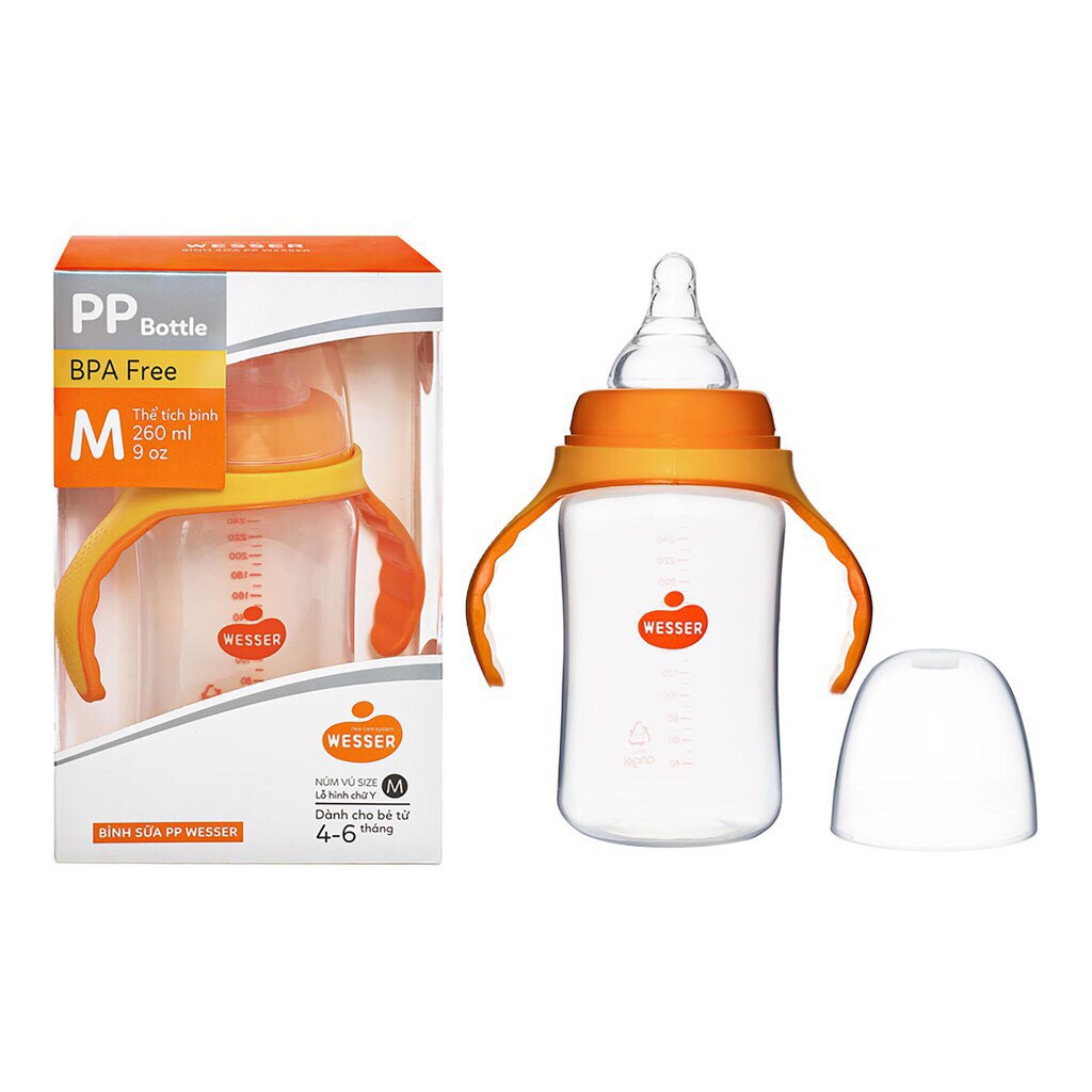 BÌNH SỮA , NÚM TI WESSER CỔ RỘNG 180ML/260ML NHỰA PP BPA FREE/PPSU CAO CẤP