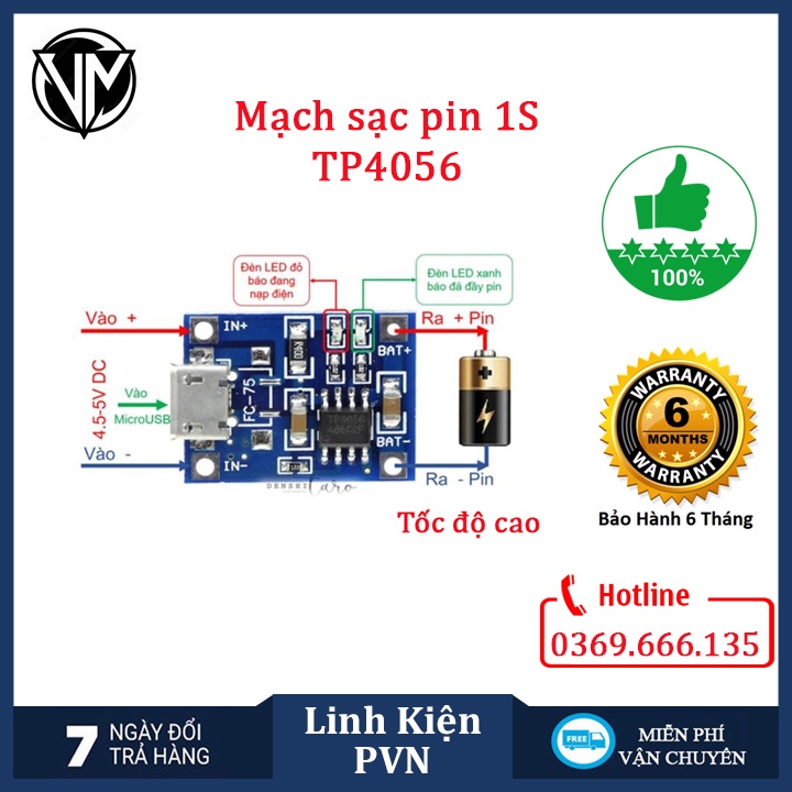 Mạch Sạc pin 1S Lithium - Li-ion - 18650 TP4056 Có Bảo Vệ Pin