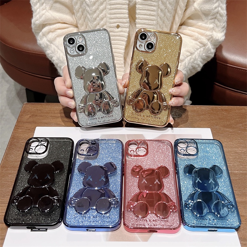 Ốp Điện Thoại Dẻo Họa Tiết Chú Gấu Lấp Lánh Sang Trọng Chống Sốc Cho iPhone 13 Pro Max 12 11 Pro Max XS XR X 8 7 SE 2020