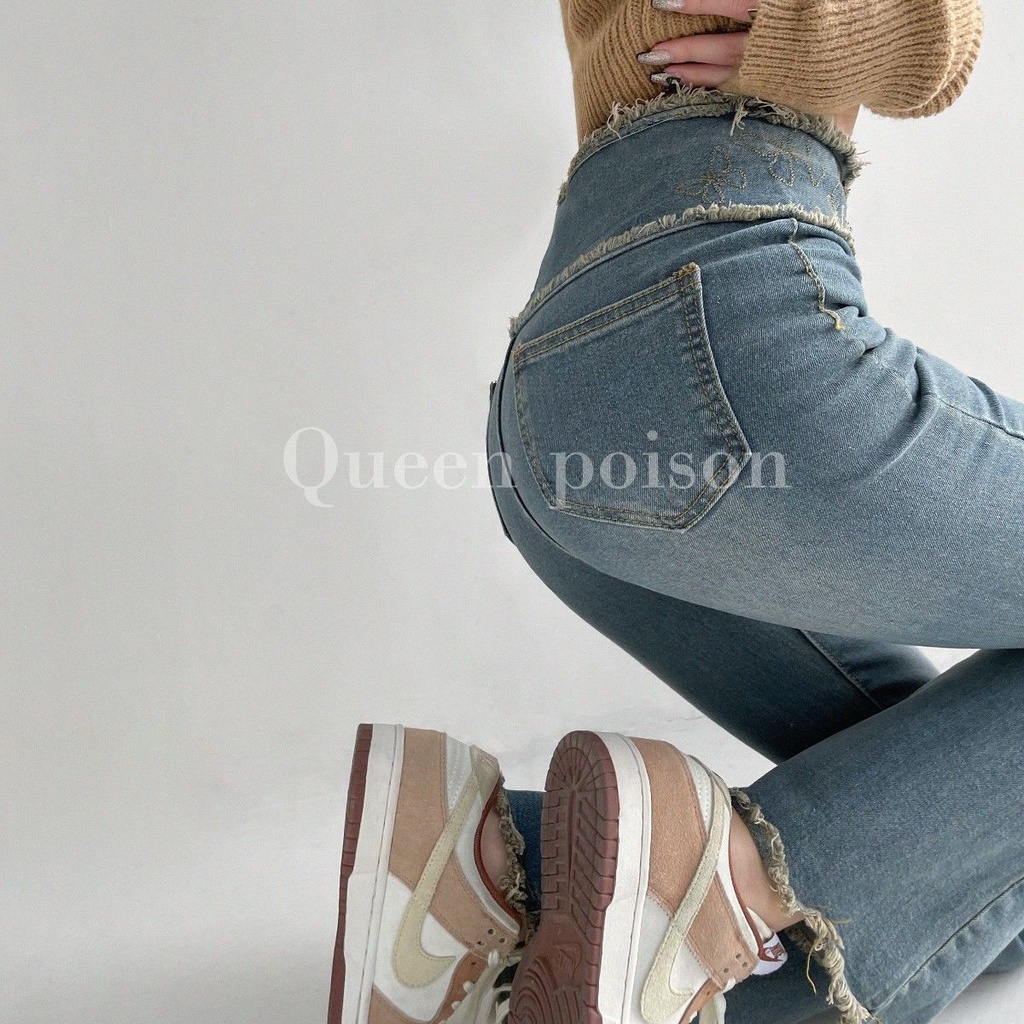 Jiashucheng Quần Jean Ống Loe Lưng Cao Dáng Ôm Co Giãn Thêu Hình Bướm Cổ Điển Đường Phố Cao Cấp Cho Nữ