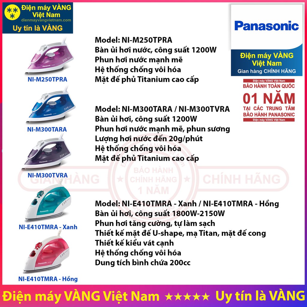 Bàn ủi hơi nước Panasonic NI-M250TPRA NI-M300TARA NI-M300TVRA NI-E410TMRA (Hàng chính hãng)