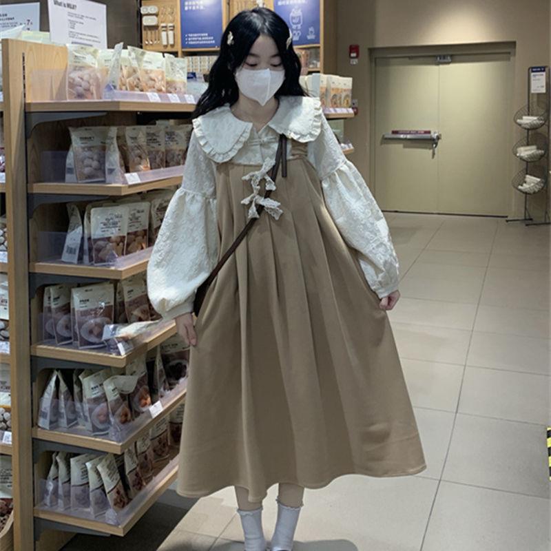 Bộ Áo Sơ Mi Cổ Búp Bê + Đầm Yếm Thắt Nơ Phong Cách Nhật Bản Dễ Thương Cho Nữ