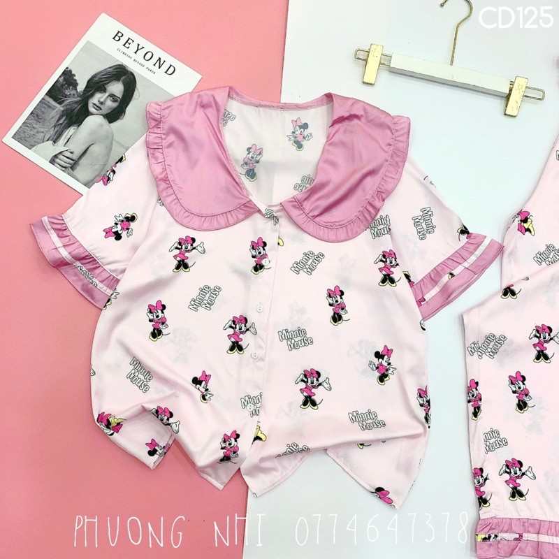Pijama lụa SATIN tay ngắn bèo cổ bèo DÂU, MICKEY hồng siêu đáng yêu❤️