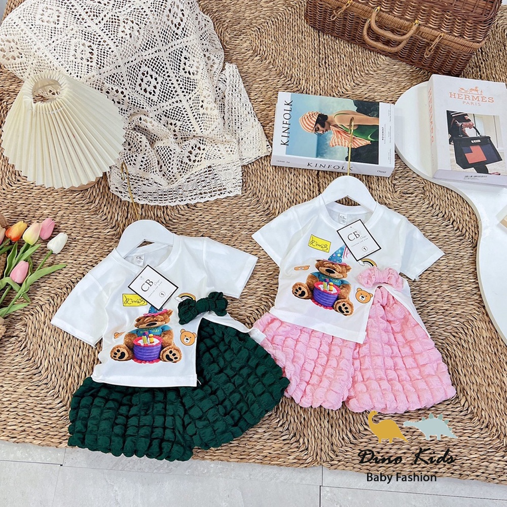 Quần áo cộc tay bé gái, set bộ quần xốp phồng ô vuông phối áo cotton xẻ tà hông cho bé