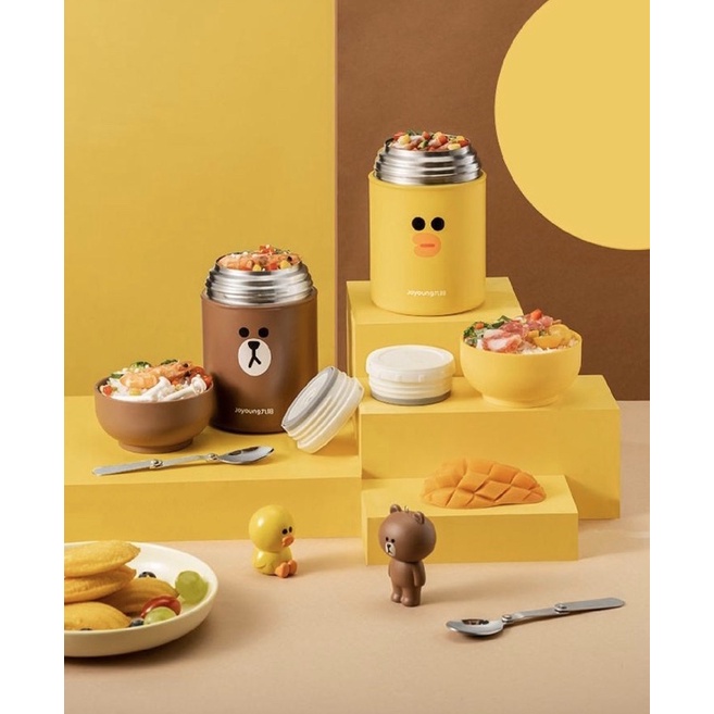 BÌNH GIỮ NHIỆT LINE FRIENDS JOYOUNG Ủ CHÁO, ĐỰNG CƠM CANH GẤU BROWN, VỊT SALLY