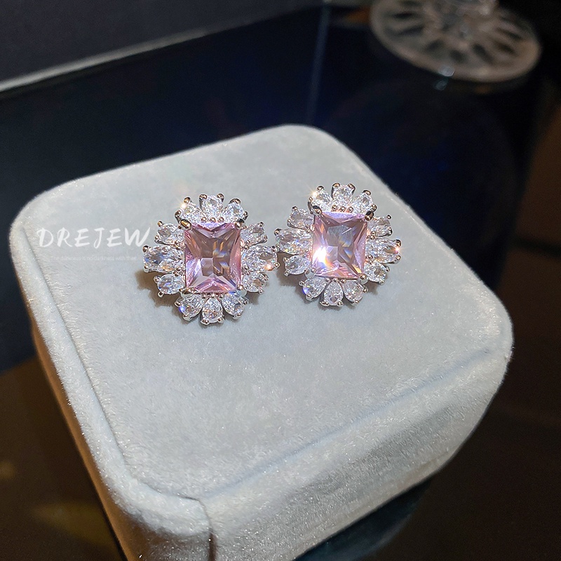 DREJEW Khuyên tai mạ bạc hình hoa đính đá zircon sang trọng thời trang cao cấp