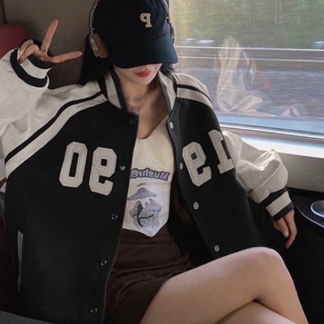 Áo bomber 1990 Áo Khoác Bóng Chày Chất Nhung Tăm Màu Đen Nâu Phối Thể Thao