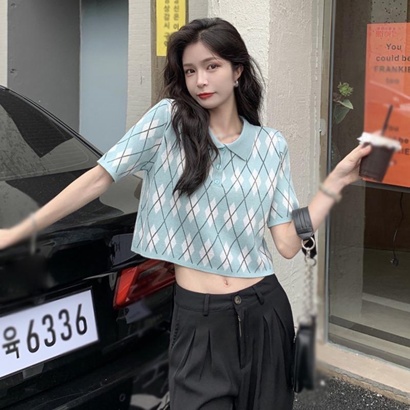 Áo Croptop Dệt Kim Tay Ngắn Kẻ Sọc Ca Rô Kiểu Hàn Quốc Dễ Thương Cho Nữ | BigBuy360 - bigbuy360.vn