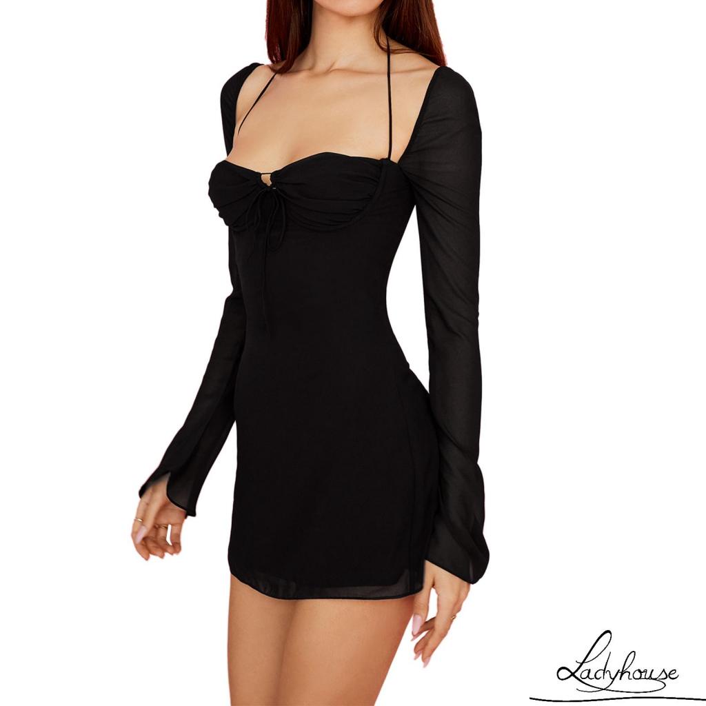 Đầm Tay Dài Phối Lưới Xuyên Thấu Màu Trơn Có Dây Điều Chỉnh Thời Trang Mùa Hè Cho Nữ