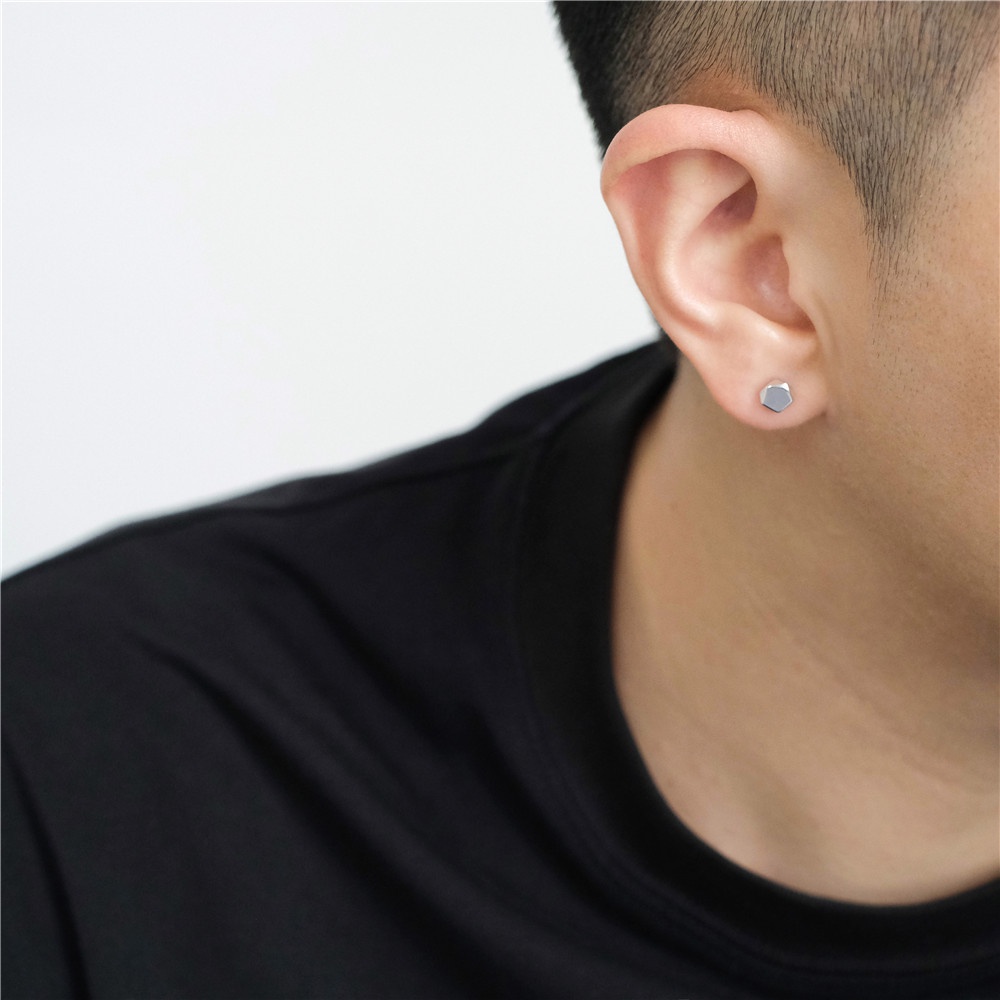 1 cặp bông tai mini màu bạc/đen họa tiết hình học đơn giản cho nam và nữ