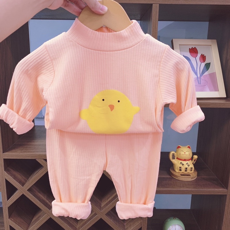 Bộ quần áo dài tay Thu Đông, chất liệu thun gân cổ cao 3p cho bé gái siêu hot 2022