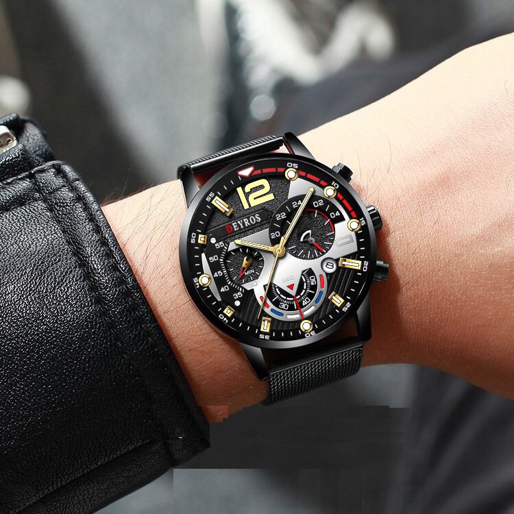 Đồng hồ nam dây thép mành đen DEYROS chạy lịch ngày - Thiết kế nam tính khỏe khoắn DR68