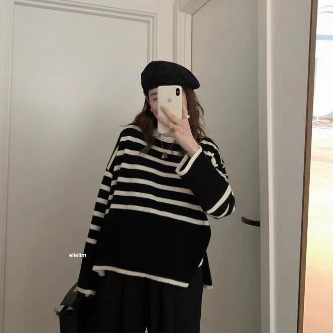 Áo sweater tay dài dáng rộng họa tiết kẻ sọc thời trang dành cho nữ