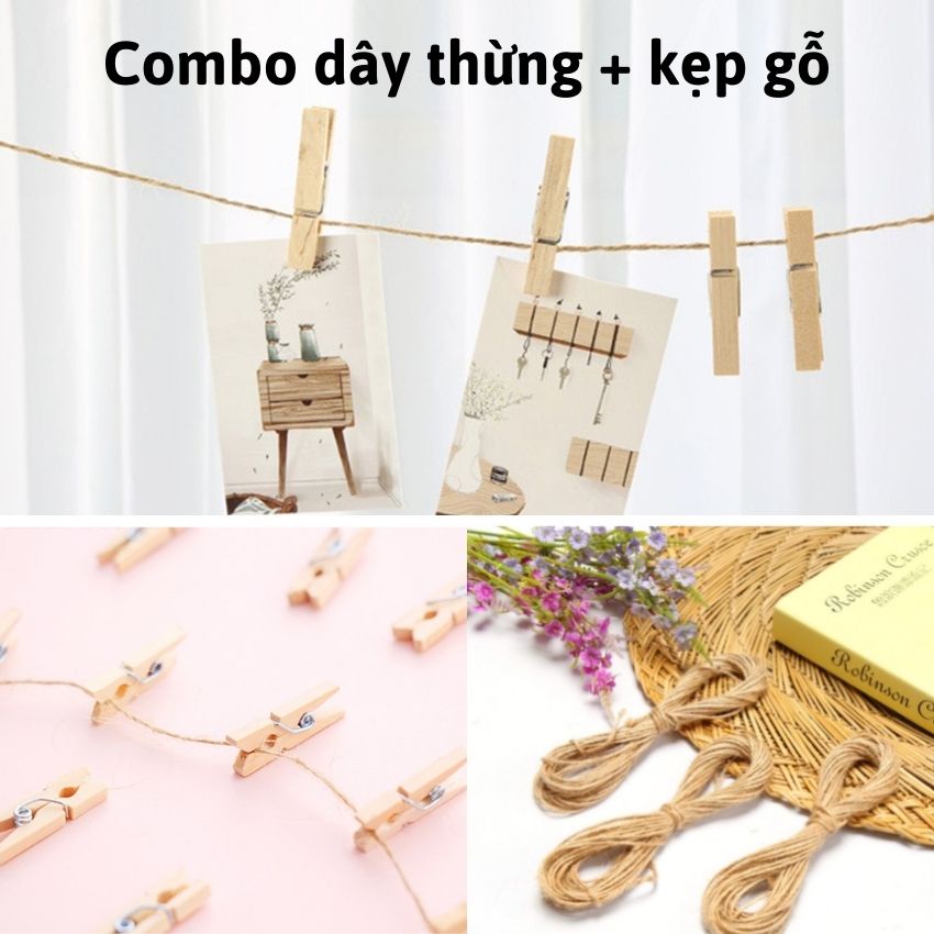 Set 50 kẹp gỗ treo ảnh (3,5cm) + 5m dây gai thừng treo hình decor phòng ngủ, tiệc sinh nhật thêm xinh xắn