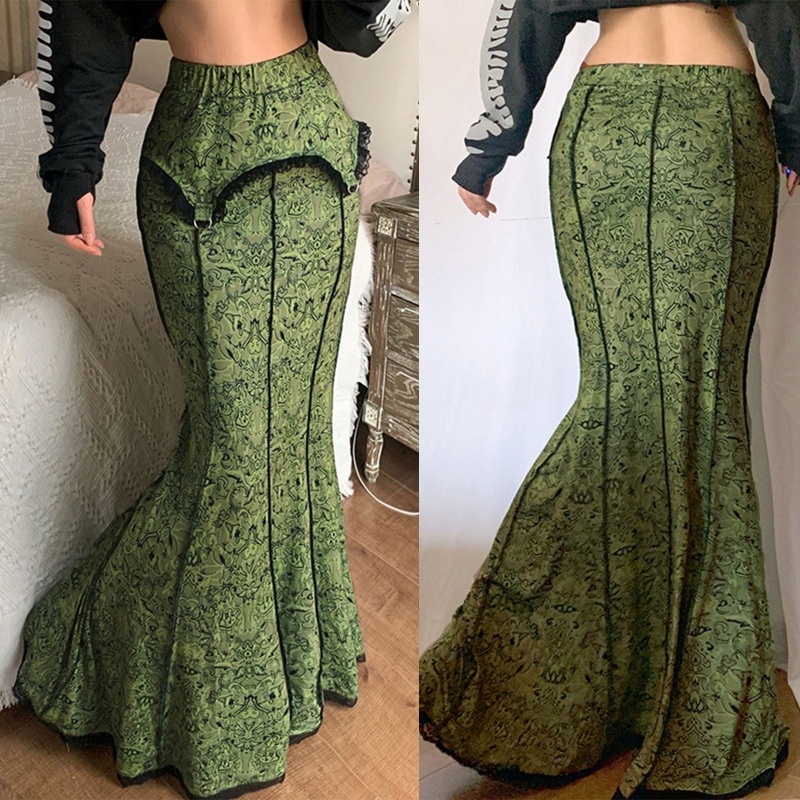Chân Váy Đuôi Cá Lưng Cao Phối Ren Họa Tiết Hoa Phong Cách Gothic